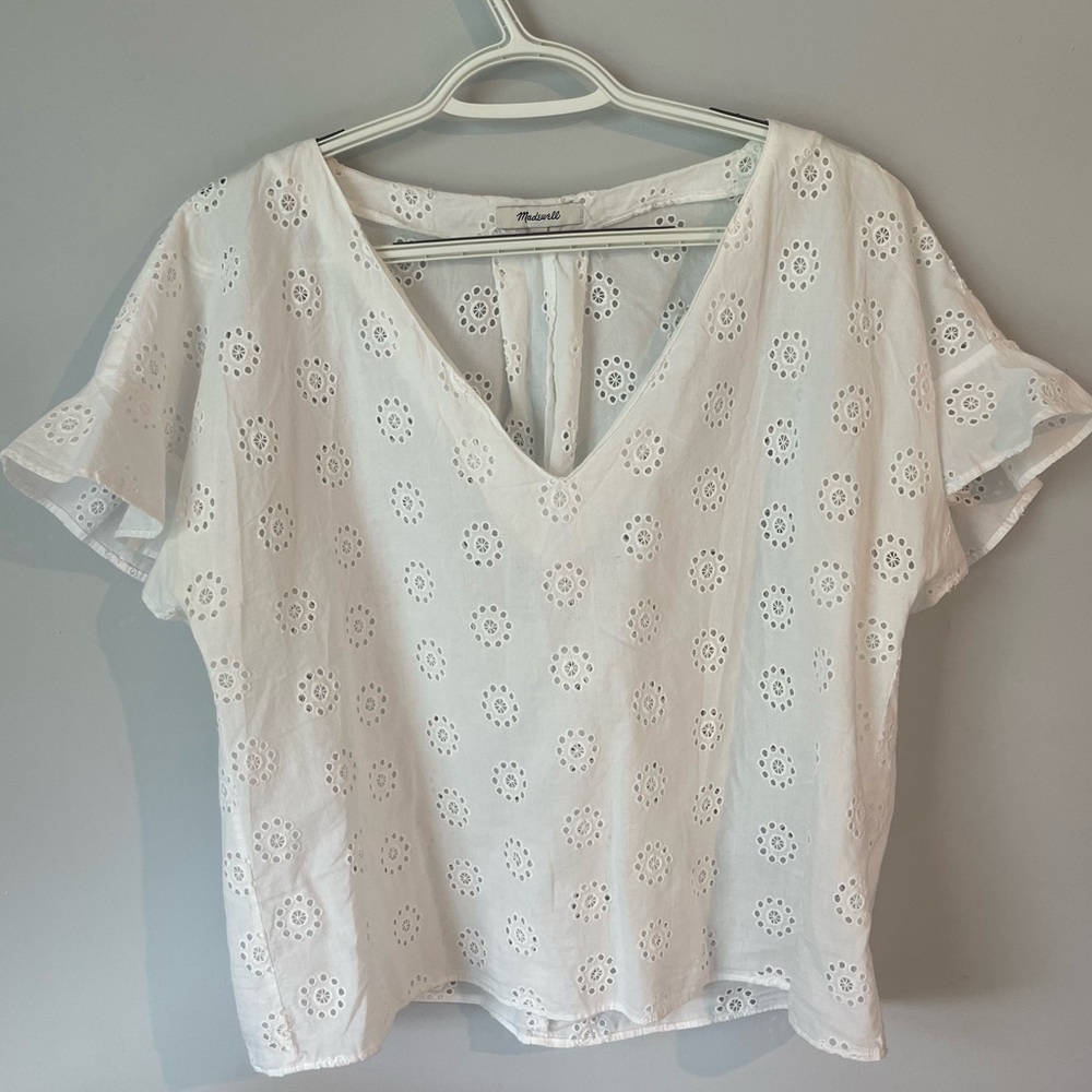 Madewell White Sundrift Ruffle Eyelet Top Blouse, Size Large